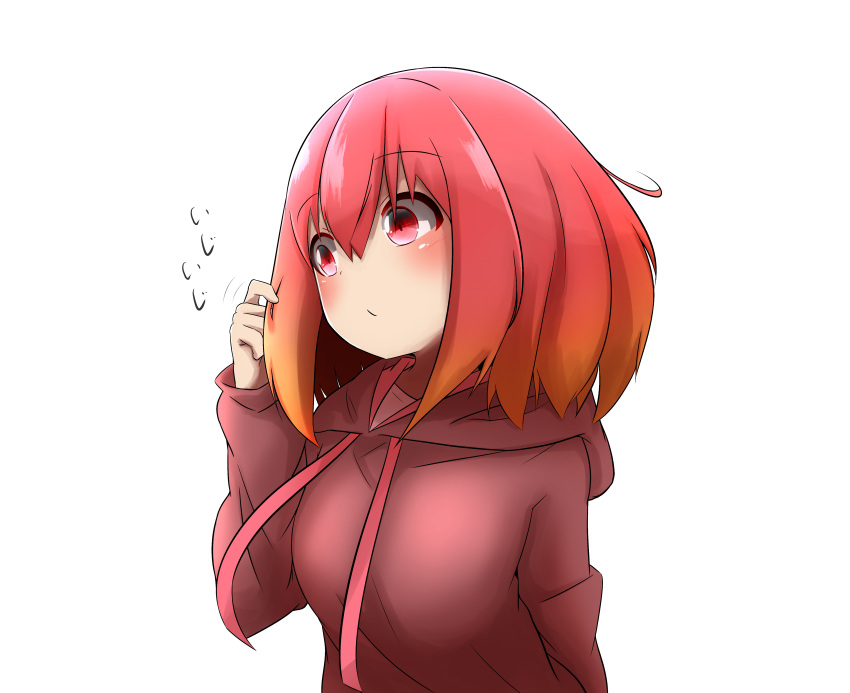 1girl absurdres akaneko_(idaten93) bangs blush breasts brown_hoodie closed_mouth commentary_request drawstring eyebrows_visible_through_hair gradient_hair hair_between_eyes hand_up highres hood hood_down hoodie idaten93 long_sleeves looking_away looking_to_the_side multicolored_hair orange_hair original playing_with_own_hair red_eyes redhead simple_background small_breasts solo translated upper_body white_background