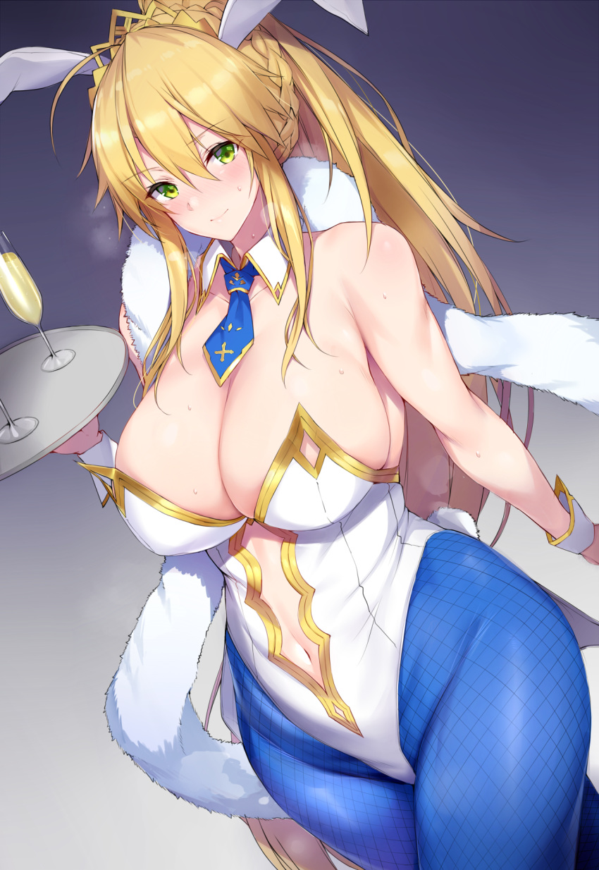 1girl animal_ears artoria_pendragon_(all) artoria_pendragon_(swimsuit_ruler)_(fate) bangs bare_shoulders blonde_hair blue_gk blue_legwear blush braid breasts bunny_tail bunnysuit closed_mouth cup detached_collar drinking_glass fate/grand_order fate_(series) fishnet_pantyhose fishnets french_braid gradient gradient_background green_eyes hair_between_eyes highleg highleg_leotard highres large_breasts leotard long_hair looking_at_viewer navel navel_cutout necktie pantyhose ponytail rabbit_ears sidelocks smile solo tail tiara tray wine_glass