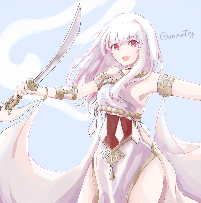 airisuotog bangs blush dancer fire_emblem fire_emblem:_three_houses highres long_hair long_sleeves looking_at_viewer lysithea_von_ordelia midriff pink_eyes simple_background smile sword uniform violet_eyes weapon white_background white_hair