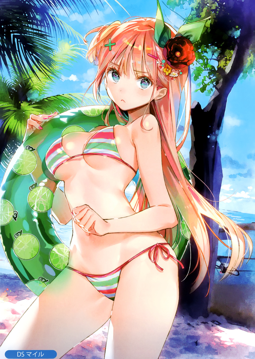 1girl :&lt; absurdres bangs beach bikini blue_eyes blue_sky breasts closed_mouth clouds cowboy_shot day dsmile flower green_bikini groin hair_flower hair_ornament highres holding holding_innertube innertube large_breasts long_hair looking_at_viewer melonbooks multicolored multicolored_bikini multicolored_clothes nail_polish navel ocean one_side_up outdoors palm_tree pink_bikini pink_nails sand scan side-tie_bikini sidelocks sky solo standing stomach striped striped_bikini swimsuit thighs tree very_long_hair white_bikini