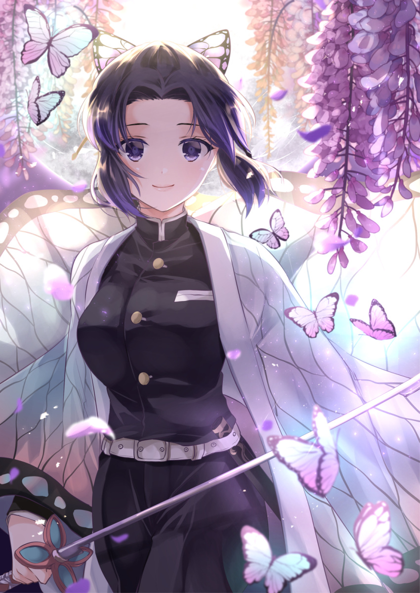 1girl animal backlighting bangs belt belt_buckle black_jacket black_pants breasts buckle bug butterfly butterfly_hair_ornament closed_mouth commentary_request flower forehead hair_ornament highres holding holding_sword holding_weapon insect iroha_(shiki) jacket japanese_clothes katana kimetsu_no_yaiba kimono kochou_shinobu long_sleeves medium_breasts open_clothes open_kimono pants parted_bangs purple_flower purple_hair sheath smile solo sword unsheathed violet_eyes weapon white_belt white_kimono wide_sleeves