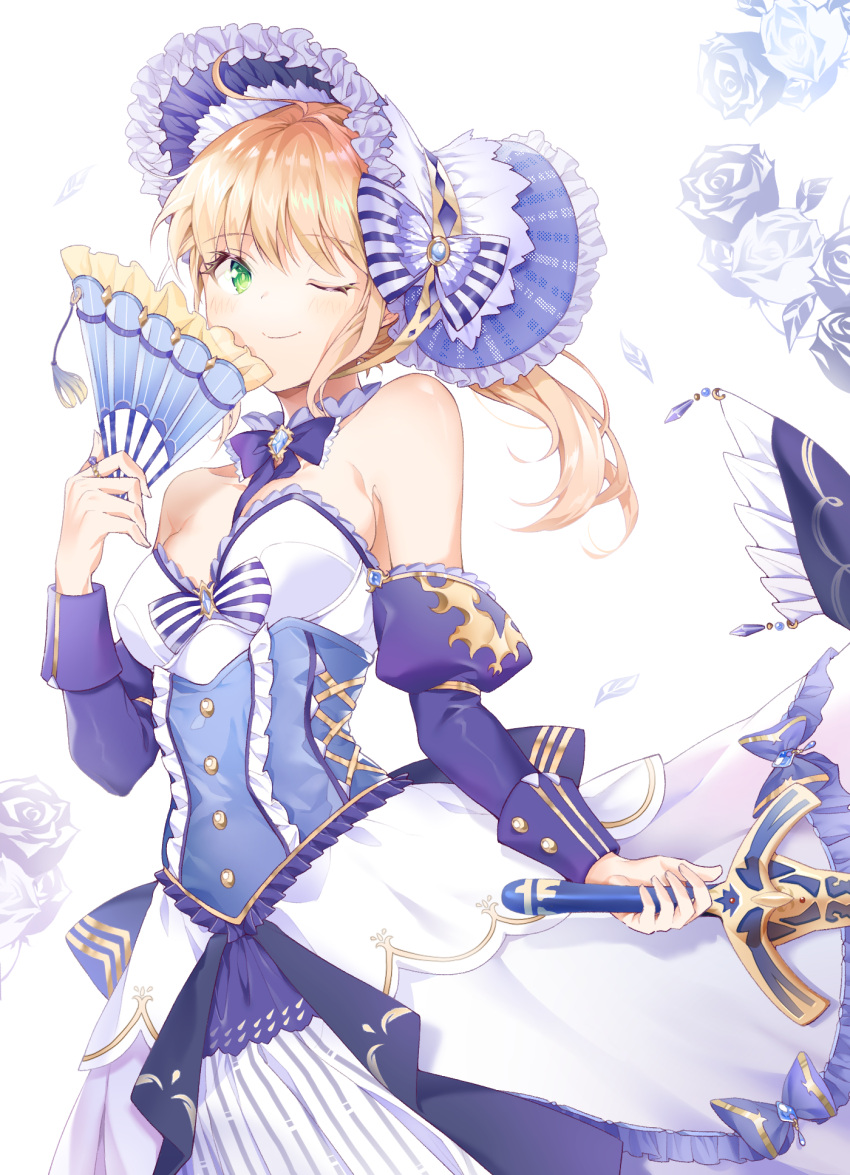 1girl ;) artoria_pendragon_(all) bangs blonde_hair blush bonnet breasts caliburn closed_mouth commentary_request cpqm detached_sleeves dress eyebrows_visible_through_hair fan fate/unlimited_codes fate_(series) floral_background green_eyes hair_between_eyes hand_up highres holding holding_fan holding_sword holding_weapon juliet_sleeves long_hair long_sleeves looking_at_viewer one_eye_closed puffy_sleeves purple_dress purple_headwear purple_sleeves saber_lily small_breasts smile solo strapless strapless_dress sword weapon white_background
