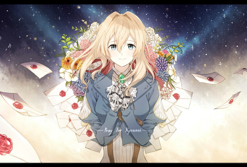 1girl blonde_hair blue_eyes blue_jacket closed_mouth eugeboy_zzzzz eyebrows_visible_through_hair floating_hair hair_between_eyes hair_intakes hair_ribbon highres jacket kyoto_animation letter long_hair long_sleeves prosthetic_hand red_ribbon ribbon sky smile solo standing star_(sky) starry_sky upper_body violet_evergarden violet_evergarden_(character) white_neckwear