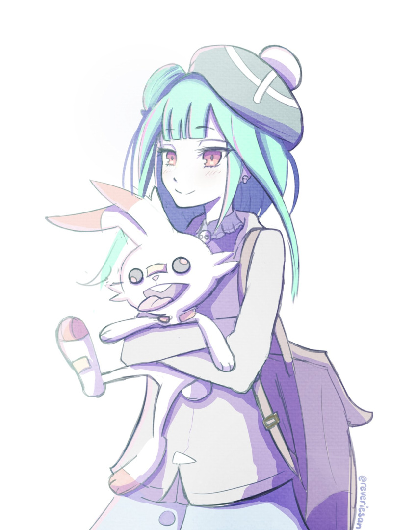 1girl artist_name backpack bag bangs cosplay earrings english_commentary eyebrows_visible_through_hair gen_8_pokemon gloria_(pokemon) gloria_(pokemon)_(cosplay) green_hair green_headwear hair_bun hat highres hololive hug jewelry looking_ahead medium_hair pokemon pokemon_(game) pokemon_swsh reverie_(reveriesan) scorbunny smile solo twitter_username uruha_rushia virtual_youtuber white_background