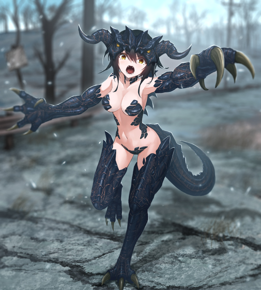 1girl attacking_viewer breasts claws deathclaw fallout_4 highres horns looking_at_viewer medium_breasts monster_girl navel open_mouth personification sharp_teeth slit_pupils solo spikes standing standing_on_one_leg tail teeth tom-neko_(zamudo_akiyuki) yellow_eyes