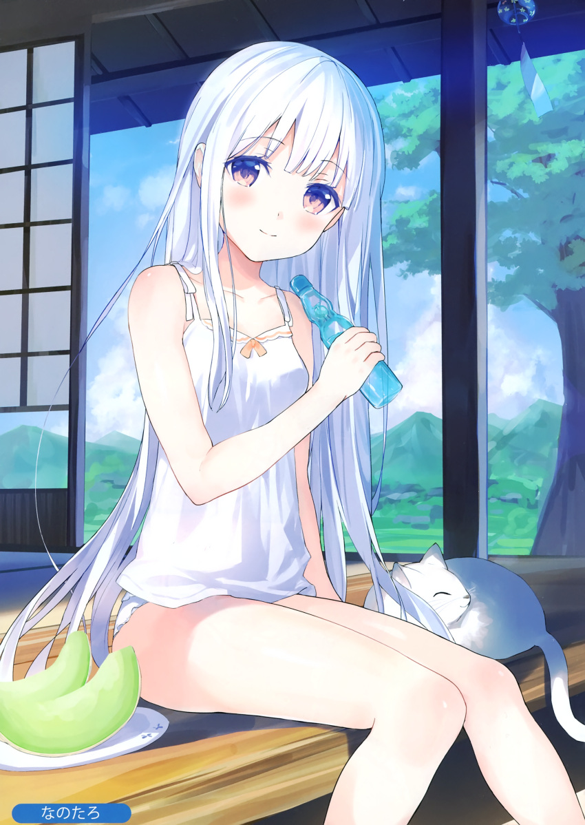 1girl absurdres animal bare_arms bare_legs bare_shoulders bottle breasts brown_eyes camisole cat closed_mouth clouds cloudy_sky collarbone day food fruit highres holding holding_bottle long_hair looking_at_viewer melonbooks nanotaro no_pants outdoors panties plate scan shirt sidelocks sitting sky sleeveless sleeveless_shirt small_breasts smile solo sunlight thighs tree underwear veranda very_long_hair water_bottle white_hair white_panties white_shirt
