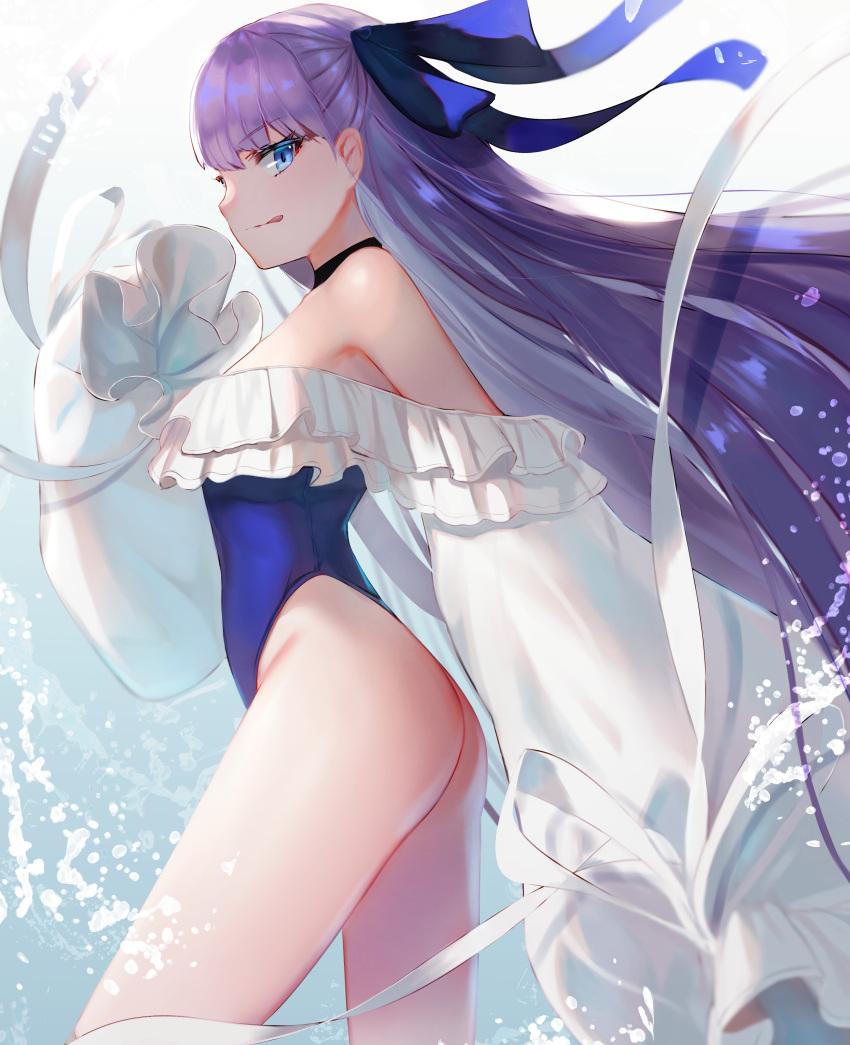 1girl absurdres bangs bare_shoulders blue_eyes blue_ribbon blue_swimsuit blush breasts choker closed_mouth dolce_(dolsuke) fate/grand_order fate_(series) frills hair_between_eyes hair_ribbon highleg highleg_swimsuit highres licking_lips long_hair long_sleeves looking_at_viewer meltryllis meltryllis_(swimsuit_lancer)_(fate) puffy_sleeves purple_hair ribbon sleeves_past_fingers sleeves_past_wrists small_breasts smile solo swimsuit thighs tongue tongue_out very_long_hair
