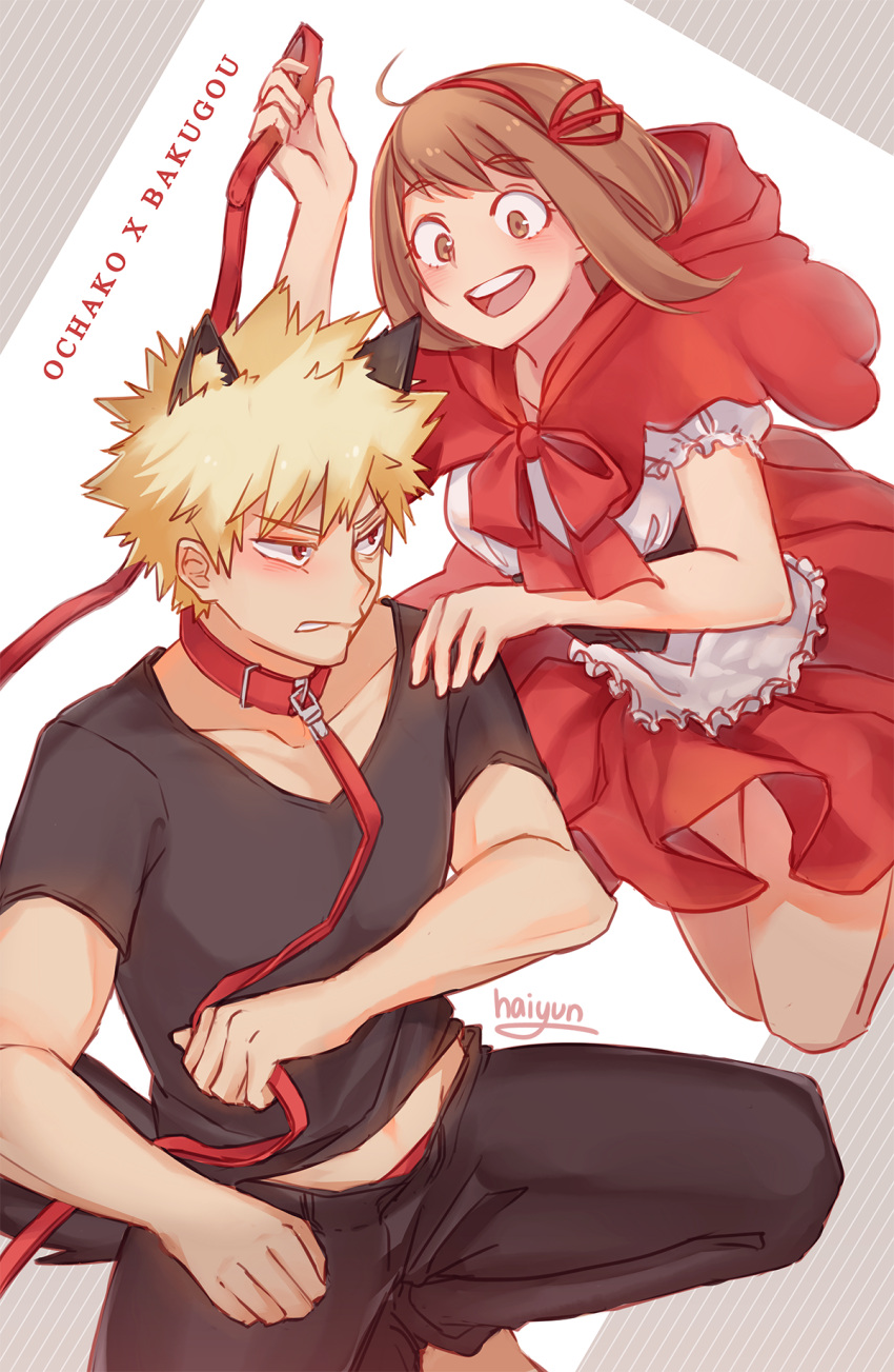 1boy 1girl alternate_costume animal_ears artist_name bakugou_katsuki bangs barefoot black_pants black_shirt blonde_hair boku_no_hero_academia brown_eyes brown_hair character_name collar collarbone commentary_request dog_ears dog_tail dress eyebrows_visible_through_hair haiyun highres holding_leash hood leash pants red_collar red_ribbon red_skirt ribbon shirt short_hair short_sleeves sidelocks skirt smile spiky_hair tail upper_teeth uraraka_ochako