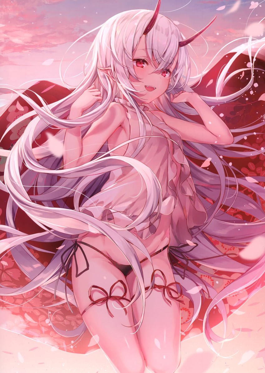 1girl absurdres armpits bare_arms bare_shoulders black_panties breasts center_opening eyebrows_visible_through_hair fangs floating_hair hair_between_eyes highres komeshiro_kasu long_hair messy_hair no_pants oni_horns original panties pointy_ears red_eyes red_horns red_ribbon ribbon scan shirt side-tie_panties signature sleeveless sleeveless_shirt small_breasts solo standing standing_on_one_leg thigh_strap thighs underwear white_hair white_shirt