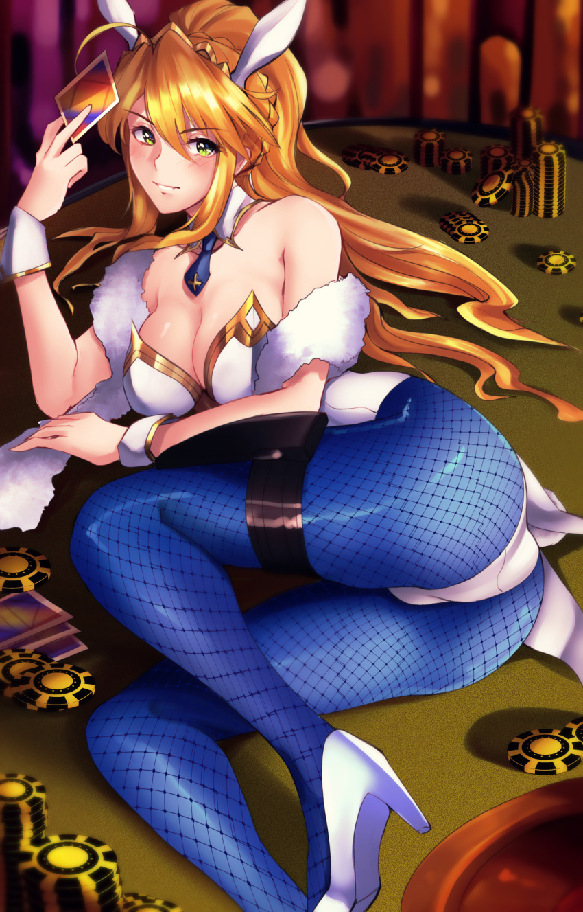 1girl animal_ears artoria_pendragon_(all) artoria_pendragon_(swimsuit_ruler)_(fate) blonde_hair blue_legwear breasts bunny_girl bunnysuit desk detached_collar fake_animal_ears fate/grand_order fate_(series) green_eyes hair_between_eyes high_heels highres large_breasts leotard long_hair looking_at_viewer lying on_desk on_side pantyhose poker_chip ponytail rabbit_ears shumiao sidelocks solo strapless strapless_leotard thigh_strap white_footwear white_leotard wrist_cuffs