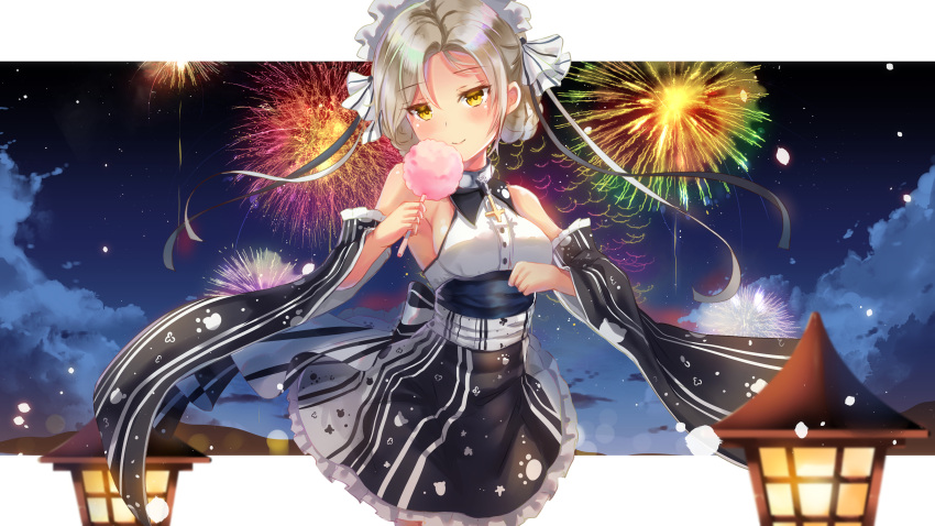 1girl absurdres aerial_fireworks azur_lane bare_shoulders black_skirt black_sleeves blurry blurry_background blurry_foreground breasts clouds cloudy_sky collared_shirt commentary_request cotton_candy cross depth_of_field detached_sleeves dress_shirt fireworks food frilled_skirt frills highres holding holding_food holmemee long_sleeves night night_sky sheffield_(azur_lane) shirt skirt sky sleeveless sleeveless_shirt small_breasts solo white_shirt