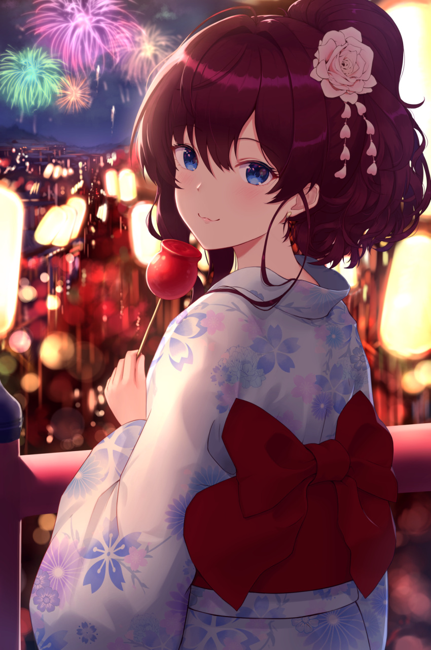 1girl :3 ahoge bangs blue_eyes blunt_bangs blush brown_hair candy_apple closed_mouth eyebrows_visible_through_hair festival fireworks floral_print flower food hair_between_eyes hair_flower hair_ornament highres ichinose_shiki idolmaster idolmaster_cinderella_girls japanese_clothes kimono lips long_hair long_sleeves looking_at_viewer looking_back maitake_(maitake1234) night obi outdoors pink_flower ponytail sash smile solo standing upper_body yukata