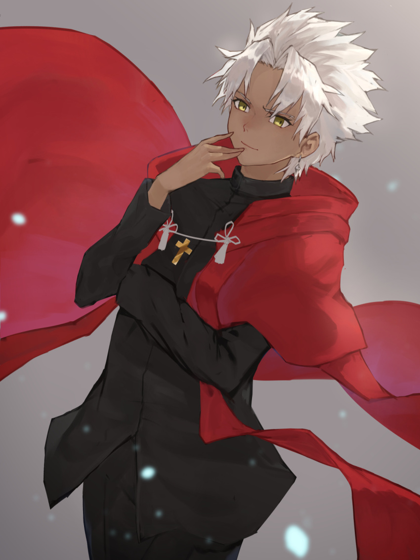 1boy aito amakusa_shirou_(fate) cape commentary_request cowboy_shot cross dark_skin earrings fate/grand_order fate_(series) grey_background highres jewelry long_sleeves looking_at_viewer medium_hair red_cape ribbon simple_background smile uniform white_hair yellow_eyes