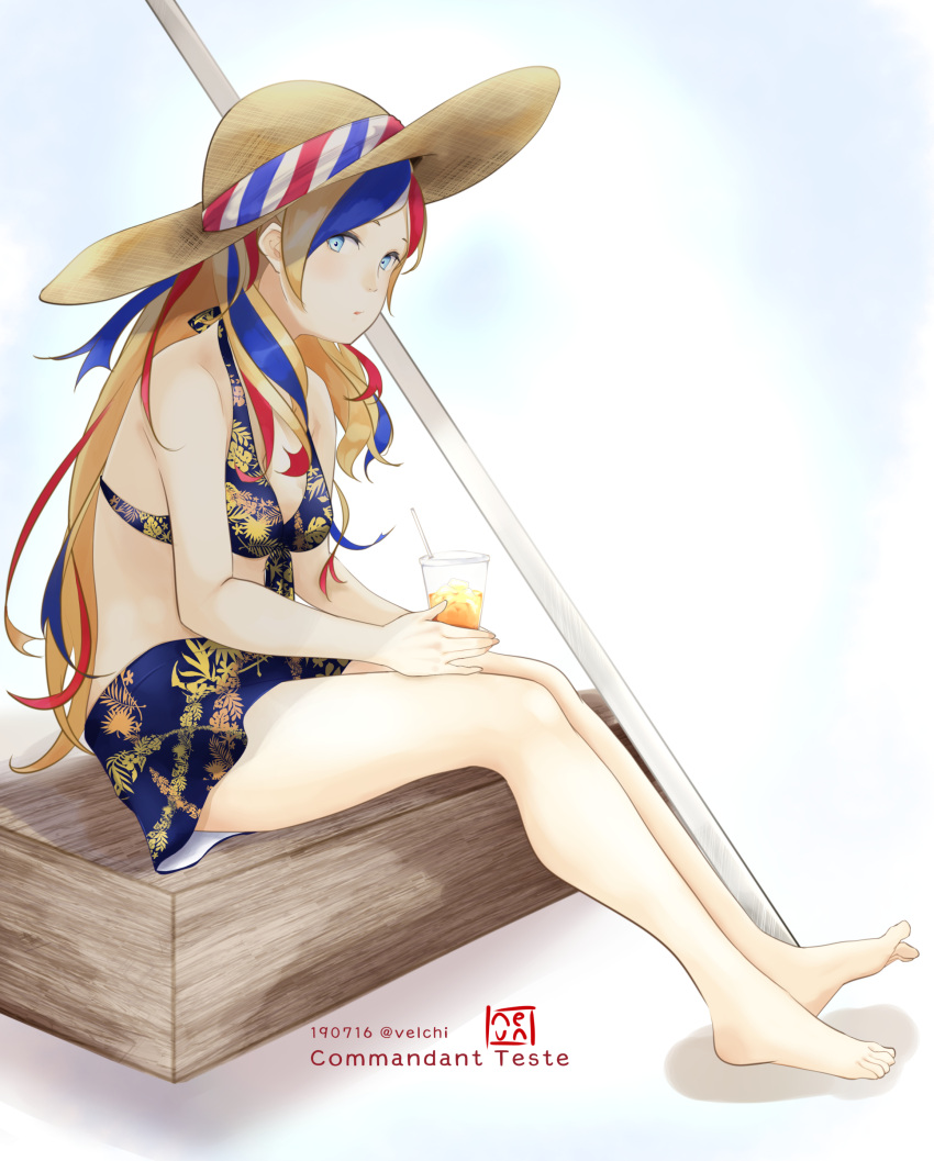 1girl absurdres alternate_costume bangs bare_arms bare_legs barefoot blonde_hair blue_eyes blue_hair blue_sky character_name closed_mouth clouds cloudy_sky commandant_teste_(kantai_collection) commentary_request cup dated front-tie_top hat hat_ribbon highres holding holding_cup kantai_collection long_hair multicolored multicolored_hair pole redhead ribbon sitting sitting_on_object skirt sky solo straw_hat streaked_hair swept_bangs swimsuit thighs twitter_username velchi wavy_hair white_hair