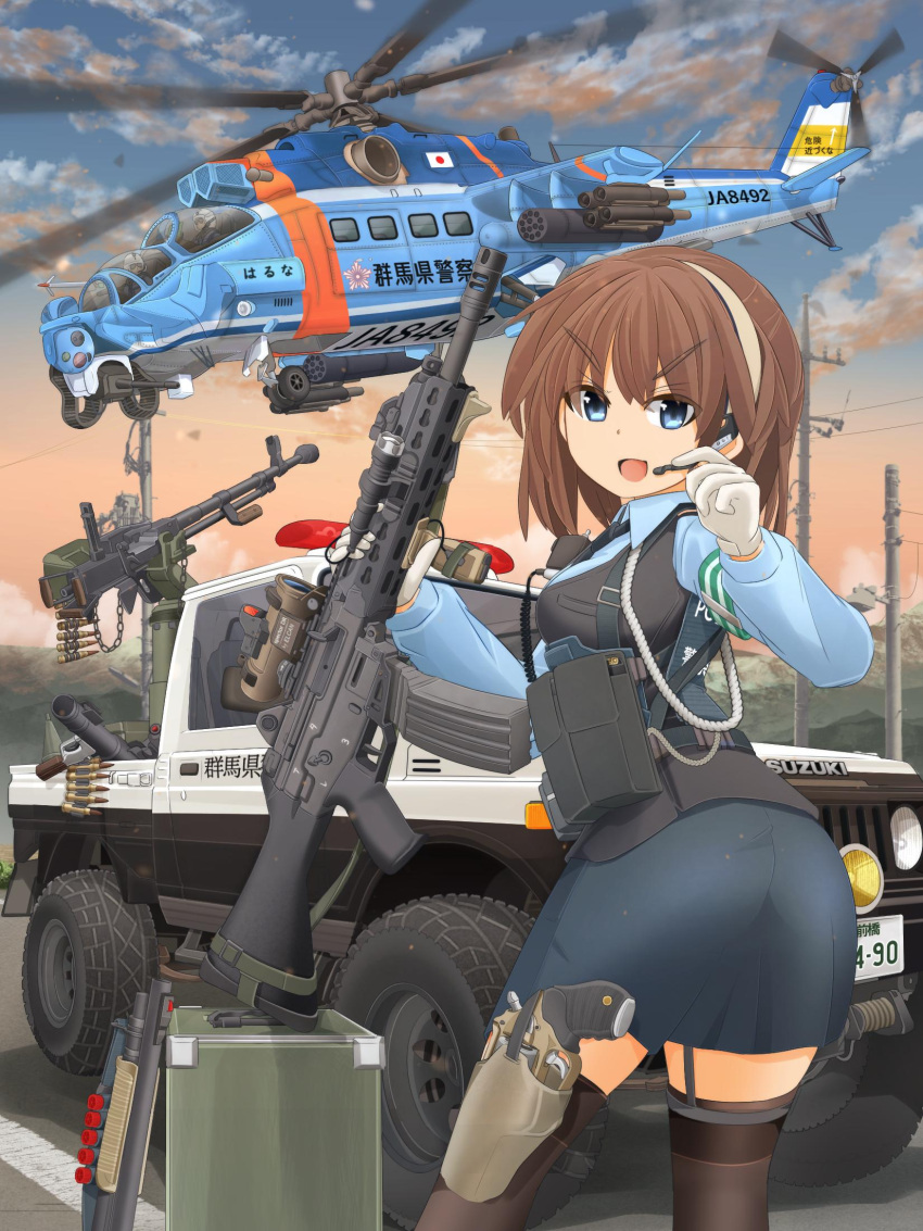 1girl aircraft armband assault_rifle bangs belt brown_hair building cartridge eyebrows eyebrows_visible_through_hair eyes_visible_through_hair gloves ground_vehicle gun hair_between_eyes handgun hat heavy_machine_gun helicopter highres holding holding_gun holding_weapon holster holstered_weapon looking_at_viewer machine_gun mikeran_(mikelan) military military_vehicle motor_vehicle original outdoors police police_hat police_uniform policewoman power_lines rifle road scenery short_hair shotgun shotgun_shells sky street telephone_pole truck uniform weapon