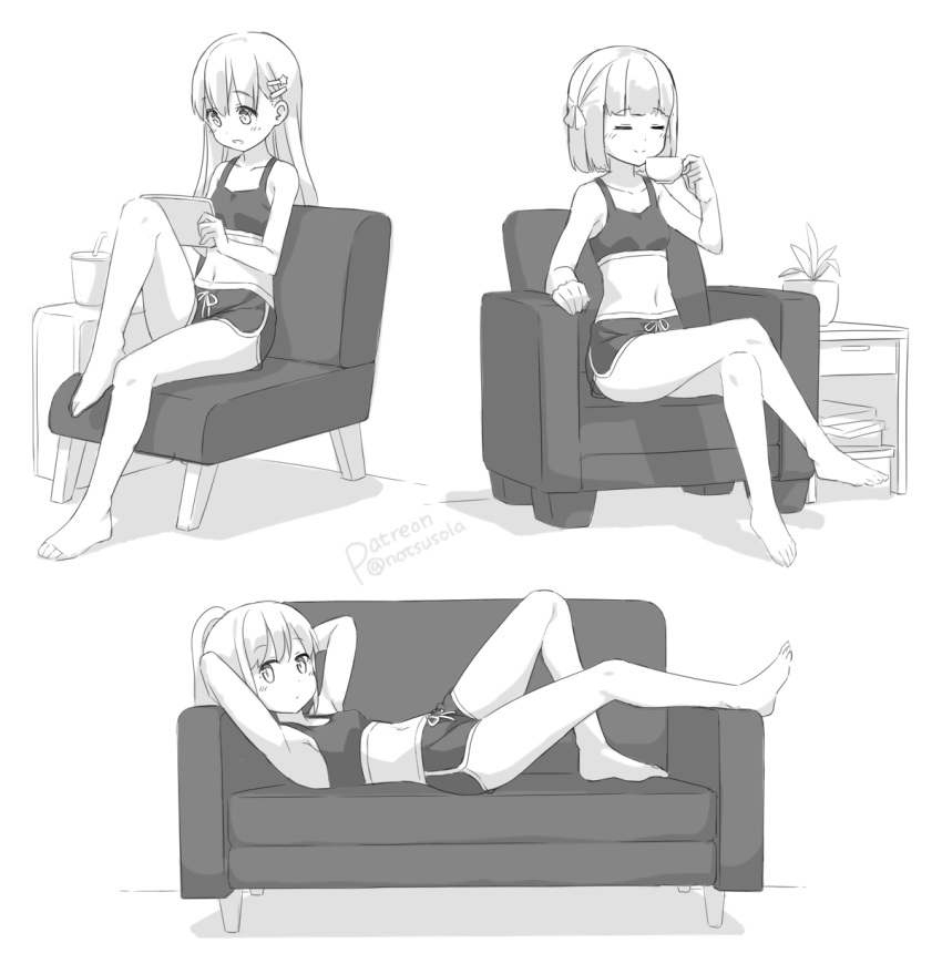 3girls armchair arms_up bangs bare_arms bare_legs bare_shoulders barefoot bendy_straw blush breasts chair chinese_commentary closed_eyes closed_mouth commentary_request couch crop_top crossed_legs cup disposable_cup drinking_straw eyebrows_visible_through_hair greyscale hair_between_eyes hair_ornament hair_ribbon hairclip hatsunatsu highres holding holding_cup knee_up long_hair lying midriff monochrome multiple_girls navel on_back on_chair on_couch original plant ponytail potted_plant ribbon short_shorts shorts sitting small_breasts smile star star_hair_ornament white_background