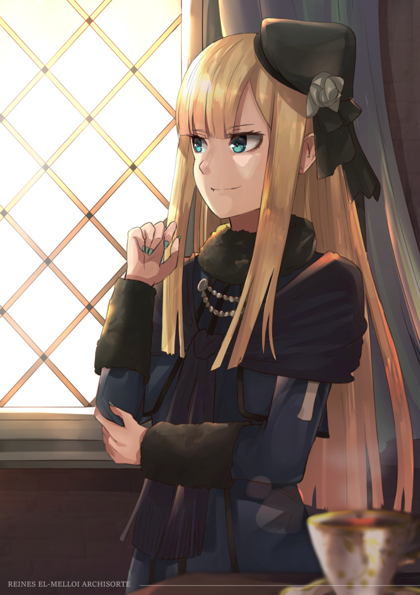 1girl bangs black_headwear blonde_hair blue_dress blue_eyes blue_nails blunt_bangs blurry blurry_background character_name closed_mouth coat_dress cup daweykun dress eyebrows_visible_through_hair fate_(series) flower grey_flower hair_flower hair_ornament hat highres indoors long_hair long_sleeves lord_el-melloi_ii_case_files nail_polish reines_el-melloi_archisorte smile solo standing straight_hair teacup very_long_hair