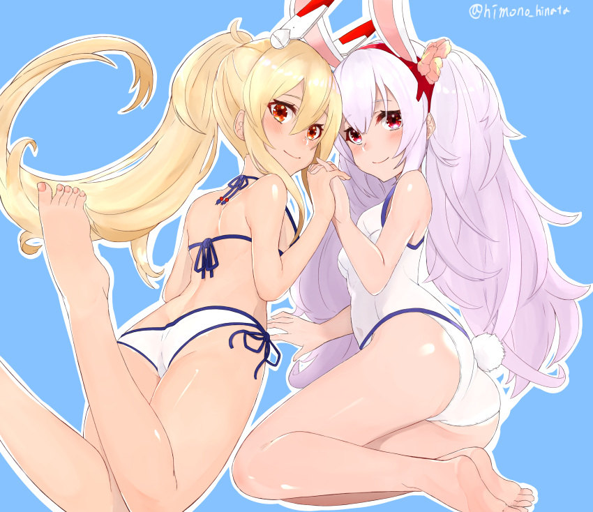2girls absurdres animal_ears ass ayanami_(azur_lane) azur_lane bangs bare_arms bare_legs bare_shoulders bikini blonde_hair blue_background blush breasts bunny_tail closed_mouth collarbone commentary_request eyebrows_visible_through_hair fake_animal_ears feet flower from_behind hair_between_eyes hair_flower hair_ornament headgear highres himono_hinata holding_hands laffey_(azur_lane) lavender_hair long_hair long_ponytail looking_at_viewer multiple_girls one-piece_swimsuit ponytail rabbit_ears red_eyes side-tie_bikini sidelocks simple_background small_breasts smile soles swimsuit tail twintails twitter_username white_swimsuit