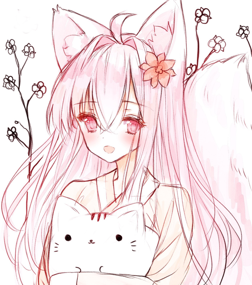 1girl :d ahoge animal animal_ear_fluff animal_ears bangs blush brown_kimono cat commentary_request eyebrows_visible_through_hair flower fox_ears fox_girl fox_tail hair_between_eyes hair_flower hair_ornament highres japanese_clothes kimono long_hair looking_at_viewer open_mouth original pink_hair red_eyes red_flower simple_background smile solo tail tail_raised tandohark upper_body white_background