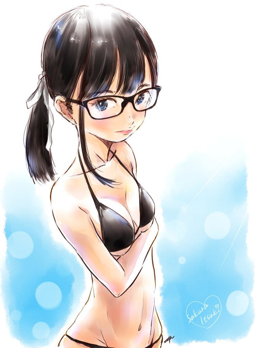 1girl bangs bikini black-framed_eyewear black_bikini black_hair blue_eyes breasts closed_mouth commentary_request glasses gradient gradient_background hair_ribbon highres kowiru looking_at_viewer navel real_life ribbon short_hair simple_background small_breasts solo swimsuit