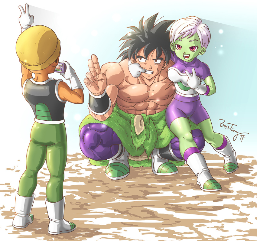 1girl 2boys abs armor black_eyes black_hair boots bosstseng breasts broly_(dragon_ball_super) camera cheelai dragon_ball dragon_ball_super dragon_ball_super_broly facial_scar green_skin grin hat lemo_(dragon_ball) light medium_breasts mouth_pull multiple_boys muscle open_mouth orange_skin red_eyes scar scar_on_cheek shirtless short_hair signature size_difference smile squatting v white_footwear white_hair