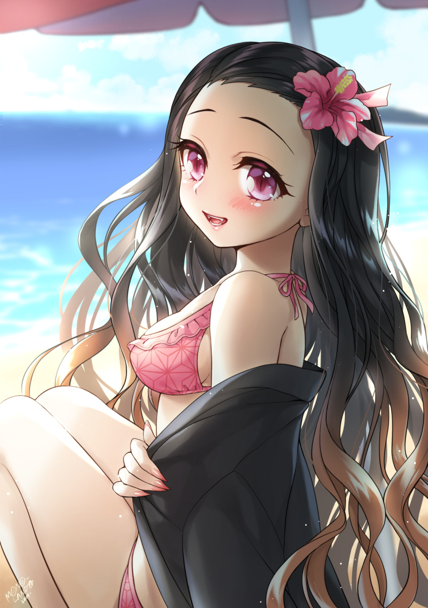 1girl 2019 :d adapted_costume bare_shoulders bikini bikini_under_clothes black_hair blue_sky blurry blurry_background blush breasts brown_hair clouds commentary_request day depth_of_field fangs fingernails flower gradient_hair hair_flower hair_ornament highres horizon kamado_nezuko kimetsu_no_yaiba long_hair looking_at_viewer looking_to_the_side medium_breasts mono_land multicolored_hair ocean off_shoulder open_clothes open_mouth outdoors pink_bikini pink_flower pink_nails sharp_fingernails signature sitting sky smile solo swimsuit very_long_hair violet_eyes water