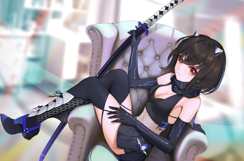 1girl absurdres armchair armor bangs bare_shoulders black_footwear black_gloves black_hair black_scarf black_skirt blurry blurry_background boots chair chinese_commentary commentary_request crop_top fingerless_gloves fishnets gloves high_heel_boots high_heels highres holding holding_sword holding_weapon horns indoors katana looking_at_viewer midriff miniskirt navel original red_eyes scabbard scarf sheath sheathed short_hair side_slit skirt solo sword thigh-highs thighs weapon xiumu_bianzhou