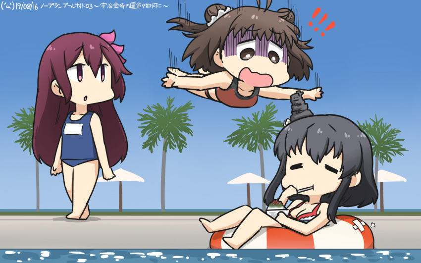 !! 3girls ahoge beach_umbrella bikini black_hair blue_sky blue_swimsuit brown_bikini brown_eyes brown_hair commentary_request dated day double_bun floating gradient_sky hair_ornament hamu_koutarou highres innertube kantai_collection kisaragi_(kantai_collection) long_hair multiple_girls naka_(kantai_collection) name_tag open_mouth outdoors palm_tree pool poolside red_eyes school_swimsuit shaved_ice short_hair sky spoon swimsuit tree umbrella water white_bikini yamashiro_(kantai_collection)