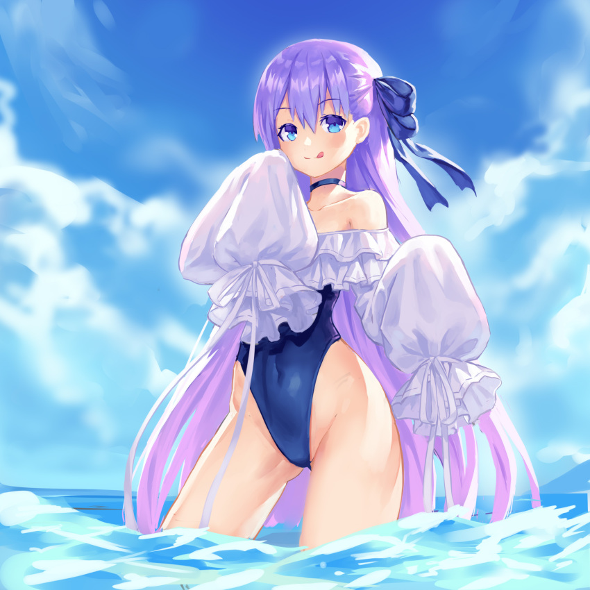 1girl 777_(pixiv16166828) bangs bare_shoulders blue_eyes blue_ribbon blue_sky blue_swimsuit breasts choker closed_mouth collarbone covered_navel fate/grand_order fate_(series) frills hair_between_eyes highleg highleg_swimsuit highres licking_lips long_hair long_sleeves looking_at_viewer meltryllis meltryllis_(swimsuit_lancer)_(fate) ocean one-piece_swimsuit puffy_sleeves purple_hair ribbon sky sleeves_past_fingers sleeves_past_wrists small_breasts smile solo swimsuit thighs tongue tongue_out very_long_hair wading