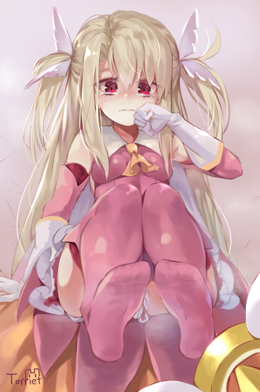 1girl absurdres artist_name bangs bare_shoulders blonde_hair breasts commentary_request dress eyebrows_visible_through_hair fate/kaleid_liner_prisma_illya fate_(series) feet frills frown gloves hair_between_eyes highres illyasviel_von_einzbern long_hair looking_at_viewer magical_girl pink_dress red_eyes sitting sleeveless sleeveless_dress small_breasts solo tearing_up torieto twintails white_gloves