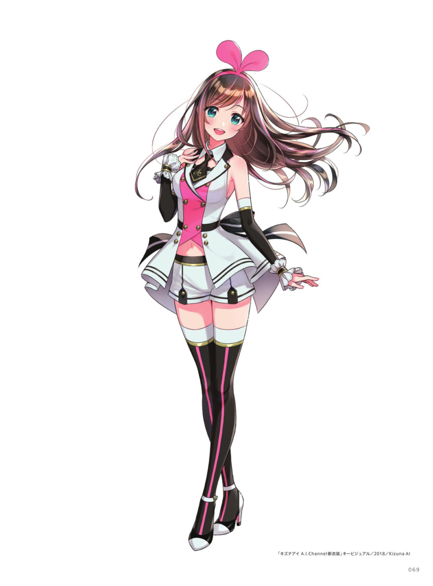 1girl :d a.i._channel bangs black_bow black_legwear black_neckwear black_sleeves blue_eyes blush bow breasts brown_hair detached_sleeves floating_hair full_body hairband head_tilt high_heels highres kizuna_ai long_hair long_sleeves looking_at_viewer medium_breasts midriff morikura_en navel necktie open_mouth pink_hairband pumps shiny shiny_hair short_necktie short_shorts shorts sideboob simple_background sleeves smile solo standing stomach striped striped_bow swept_bangs thigh-highs very_long_hair white_background white_shorts zettai_ryouiki