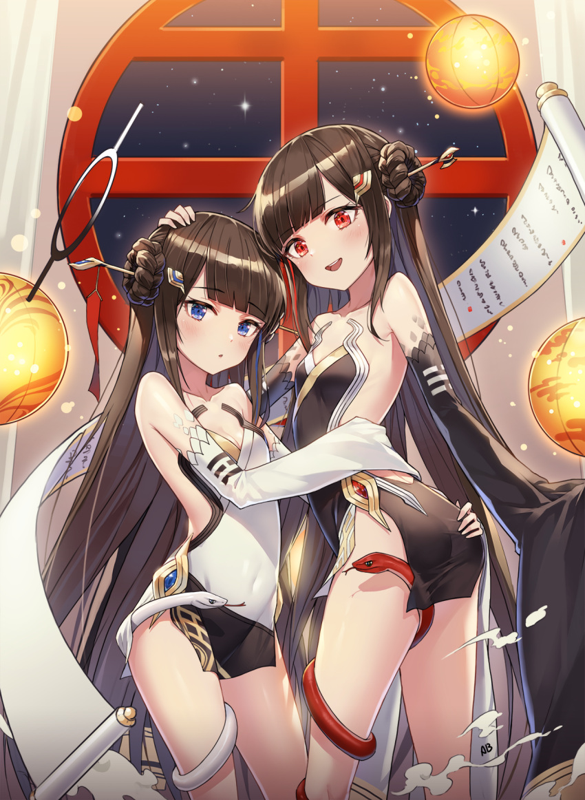 2girls aliceblue ass bangs black_hair blue_eyes breasts china_dress chinese_clothes collarbone detached_sleeves double_bun dress eyebrows_visible_through_hair fuxi hair_ornament hand_up highres honkai_(series) honkai_impact_3rd indoors lantern long_hair long_sleeves looking_at_viewer multiple_girls night nuwa open_mouth red_eyes scroll sidelocks sky sleeves_past_fingers sleeves_past_wrists small_breasts snake star_(sky) starry_sky strapless strapless_dress very_long_hair wide_sleeves window