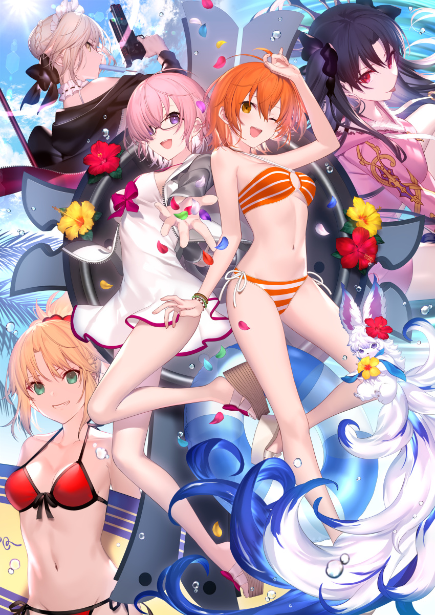 5girls absurdres ahoge artoria_pendragon_(all) artoria_pendragon_(swimsuit_rider_alter) bangs bare_shoulders bikini black_hair black_jacket black_ribbon blonde_hair blush braid breasts brilliant_summer collarbone earrings fate/grand_order fate_(series) flower food fou_(fate/grand_order) french_braid fujimaru_ritsuka_(female) green_eyes grin hair_bun hair_over_one_eye hair_ribbon highres hoop_earrings ishtar_(fate/grand_order) ishtar_(swimsuit_rider)_(fate) jacket jewelry large_breasts lavender_hair long_hair looking_at_viewer maid_headdress mash_kyrielight medium_breasts mordred_(fate)_(all) mordred_(swimsuit_rider)_(fate) multiple_girls navel one_side_up open_clothes open_jacket orange_eyes orange_hair pink_jacket ponytail popsicle red_bikini red_eyes ribbon shield shinooji short_hair side_ponytail sidelocks smile swimsuit swimsuit_of_perpetual_summer tongue tongue_out two_side_up violet_eyes yellow_eyes