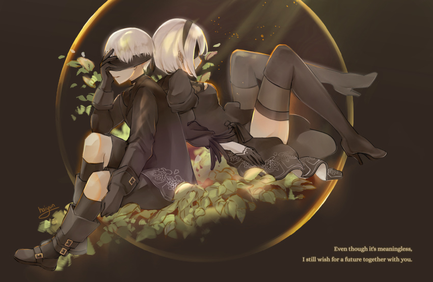1boy 1girl artist_name black_background black_blindfold black_footwear black_gloves black_hairband black_legwear blindfold boots breasts commentary_request dress english_text from_side gloves hairband haiyun juliet_sleeves kneehighs long_sleeves medium_breasts nier_(series) nier_automata puffy_sleeves short_hair simple_background thigh-highs thigh_boots white_hair yorha_no._2_type_b yorha_no._9_type_s