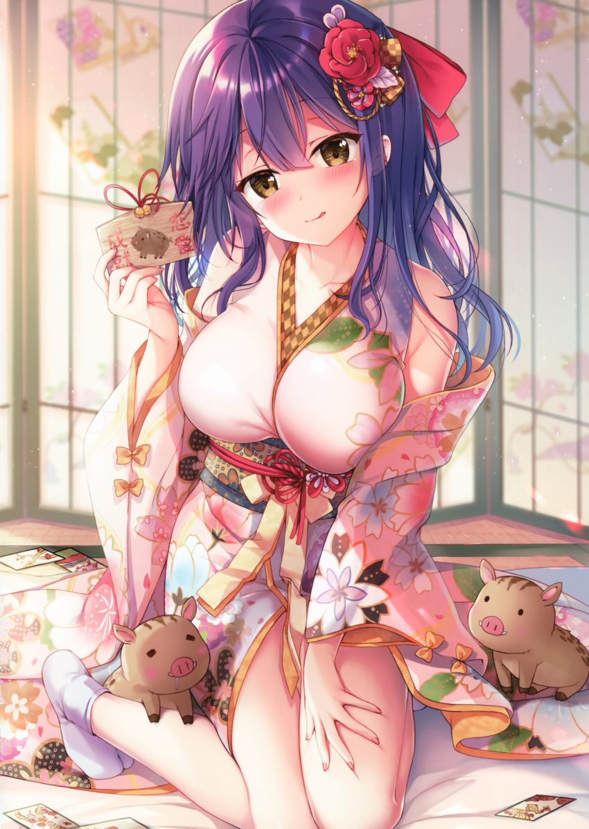 1girl 2others :q absurdres animal bare_shoulders blue_hair blurry boar breasts brown_eyes chinese_zodiac closed_mouth collarbone cute depth_of_field detached_sleeves ema floral_print flower hair_flower hair_ornament hair_ribbon hand_on_own_thigh happy_new_year highres human japanese_clothes kimono large_breasts long_hair long_sleeves looking_at_viewer new_year obi original original_character print_kimono red_flower red_ribbon ribbon sash scan sidelocks smile socks solo sousouman thighs tongue tongue_out white_kimono white_legwear wide_sleeves year_of_the_pig