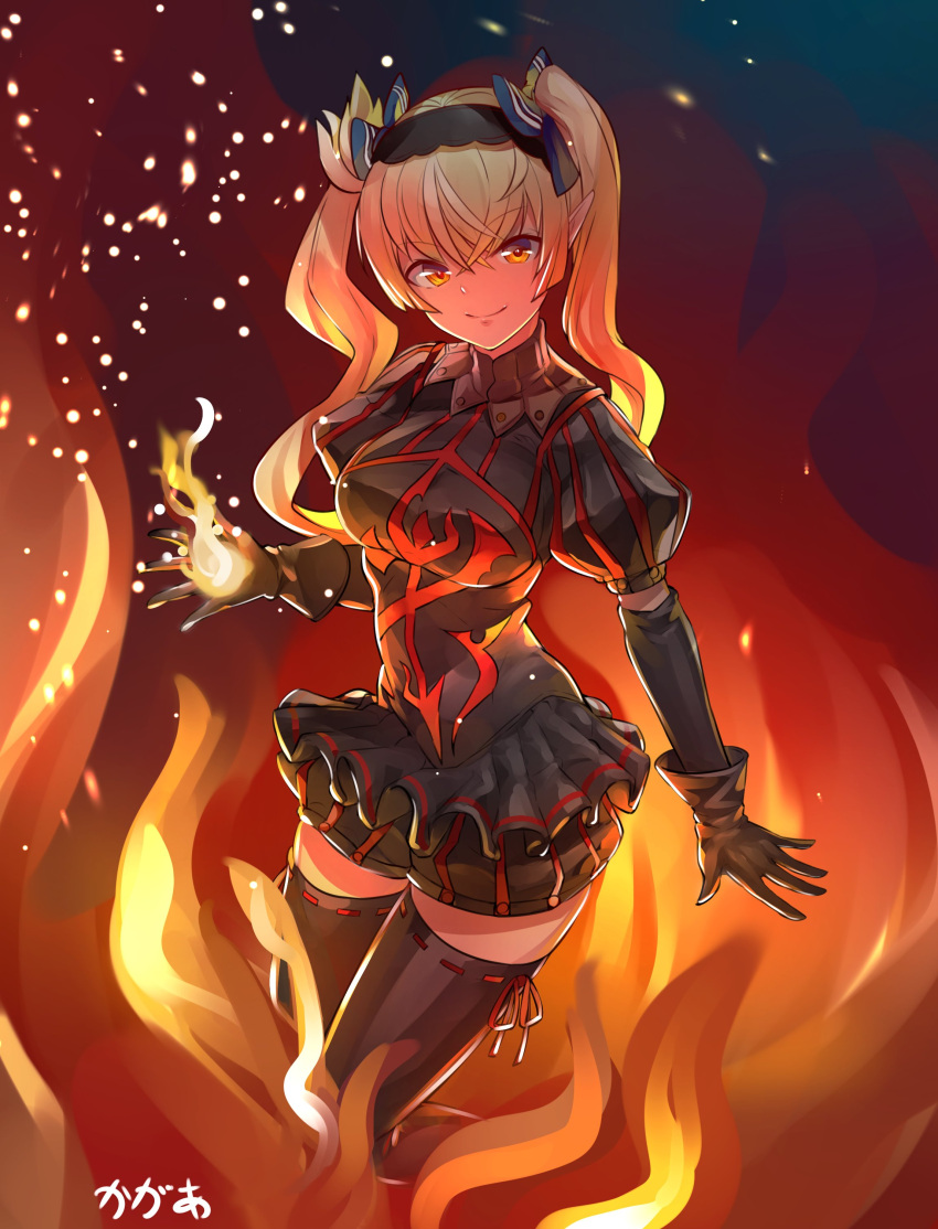 absurdres alternate_costume alternate_hairstyle arpeggio_kaga bangs black_gloves black_legwear blonde_hair bow breasts closed_mouth dark_skin elbow_gloves elf eyebrows_visible_through_hair fire gloves hair_between_eyes hair_bow hair_ornament highres holding_flame hololive long_hair looking_at_viewer medium_breasts miniskirt pointy_ears puffy_shorts shiranui_flare shorts signature skirt smile thigh-highs twintails virtual_youtuber yellow_eyes