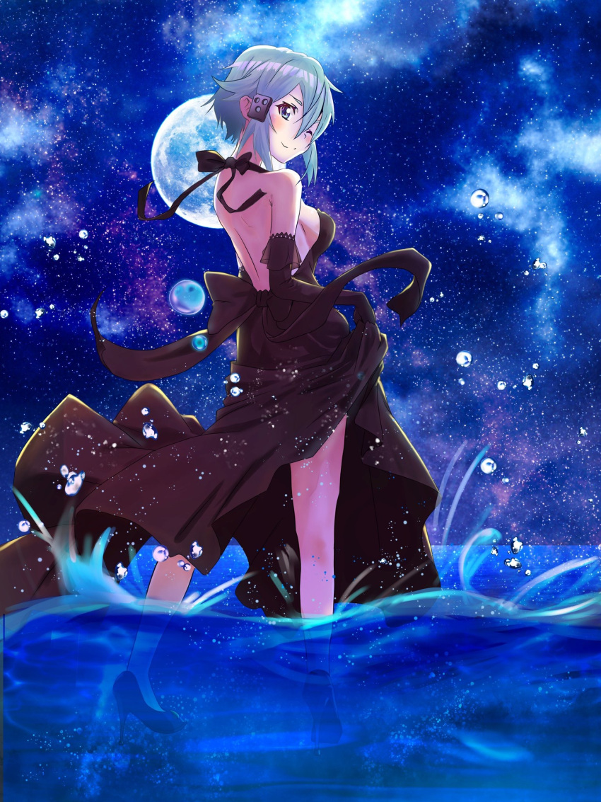 1girl ;) backless_dress backless_outfit black_dress black_footwear black_gloves blue_eyes blue_hair blue_sky breasts dress elbow_gloves evening_gown full_moon gloves hair_between_eyes hair_ornament hairclip high_heels highres looking_at_viewer looking_back medium_breasts moon night night_sky one_eye_closed outdoors pumps sh0w19 shiny shiny_hair short_hair shoulder_blades sideboob sinon skirt_hold sky sleeveless sleeveless_dress smile solo star_(sky) starry_sky sword_art_online wading