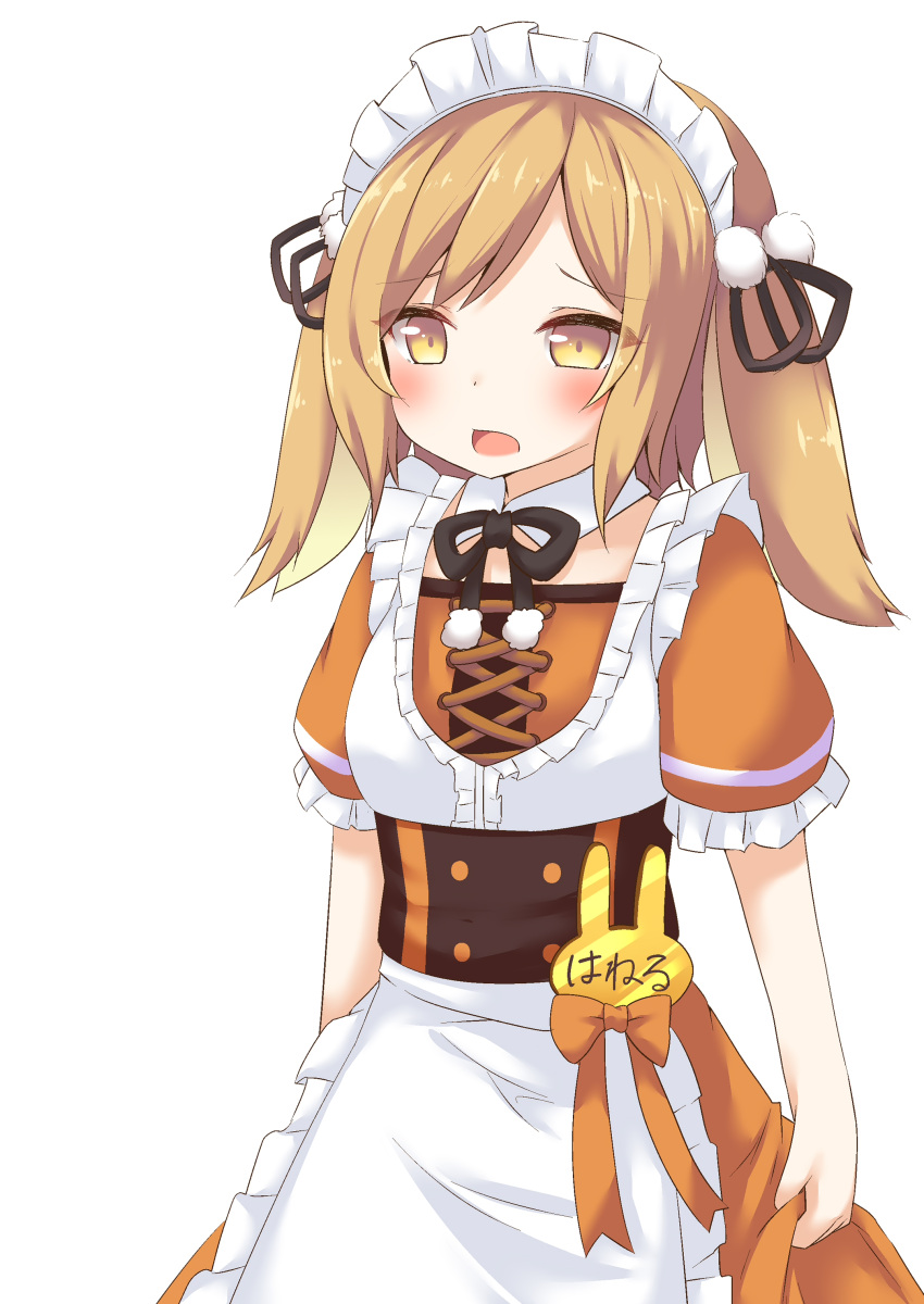 1girl absurdres animare apron bangs blush bow brown_eyes brown_ribbon commentary_request daidai_ookami eyebrows_visible_through_hair frilled_apron frilled_sleeves frills hair_ribbon highres inaba_haneru_(animare) light_brown_hair maid_apron maid_headdress open_mouth orange_bow orange_shirt orange_skirt puffy_short_sleeves puffy_sleeves ribbon shirt short_sleeves simple_background skirt solo translated twintails virtual_youtuber white_apron white_background