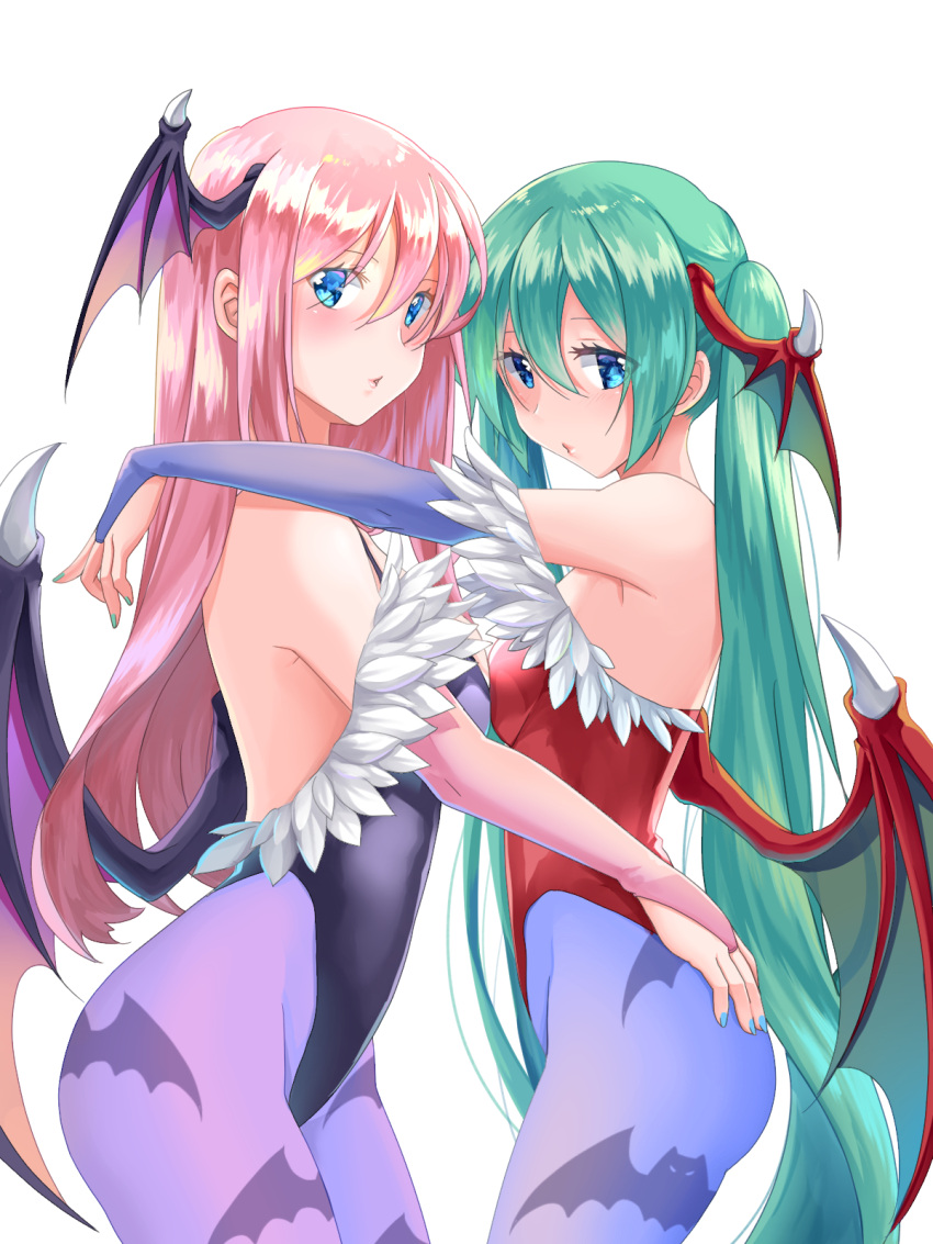 2girls aira_(exp) aqua_hair backless_outfit black_leotard blue_eyes blue_legwear blue_nails breasts bridal_gauntlets cowboy_shot detached_sleeves dragon_wings from_side hair_between_eyes hand_on_another's_ass hatsune_miku head_wings highres leotard long_hair long_sleeves looking_at_viewer medium_breasts megurine_luka multiple_girls nail_polish pantyhose parted_lips pink_hair purple_legwear purple_sleeves red_leotard red_wings shiny shiny_hair sideboob simple_background standing straight_hair twintails very_long_hair vocaloid white_background wings