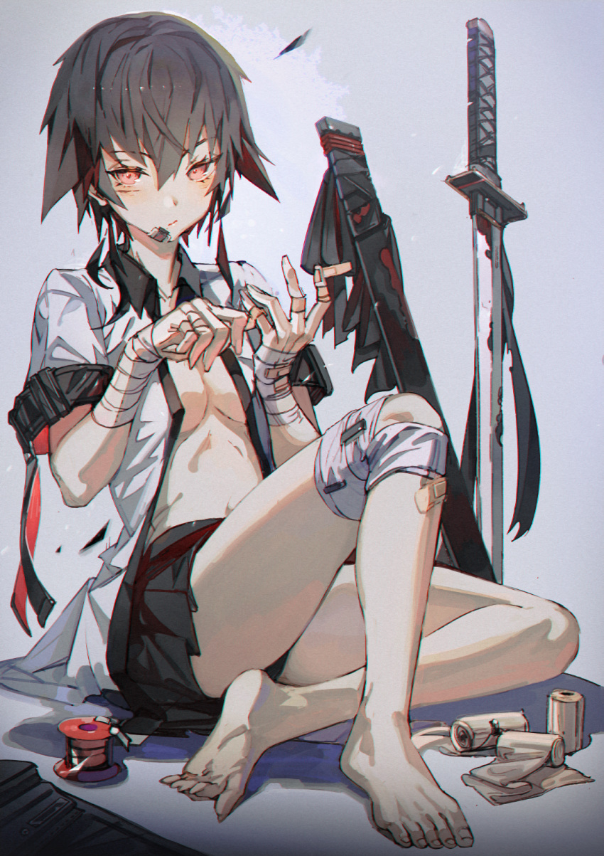 1girl bandages bandaid bandaid_on_face barefoot breasts character_request copyright_request grey_hair highres hong katana open_clothes open_shirt pink_eyes scabbard sheath short_hair skirt solo sword weapon