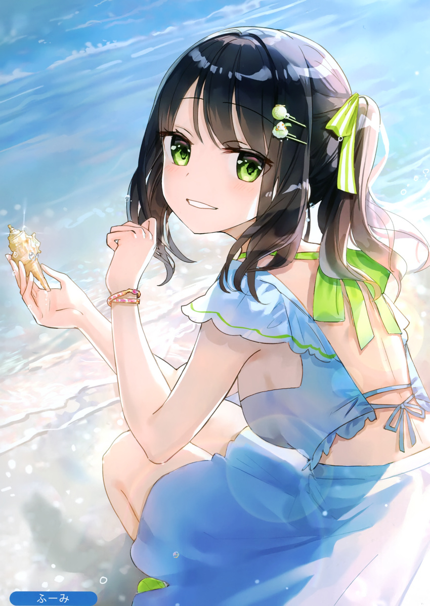 1girl absurdres back bare_shoulders beach black_hair bracelet breasts day dress fuumi_(radial_engine) glint green_eyes green_ribbon hair_ornament hair_ribbon hairclip highres holding jewelry long_hair looking_at_viewer looking_back medium_breasts melonbooks outdoors parted_lips ribbon scan shadow shell side_ponytail sidelocks sleeveless sleeveless_dress smile solo squatting sundress sunlight water white_dress