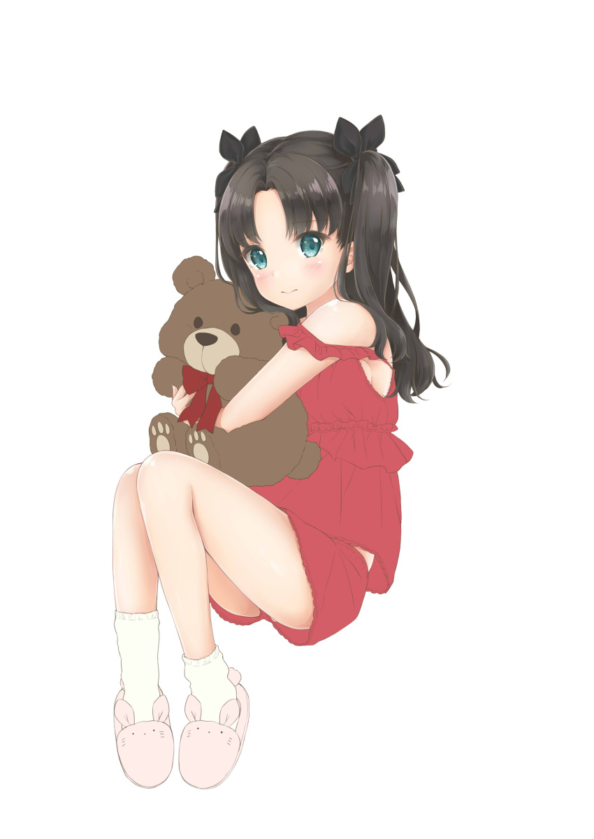 1girl absurdres bangs black_bow black_hair blue_eyes blush bow bowtie breasts child closed_mouth eyebrows_visible_through_hair fate/stay_night fate_(series) full_body hair_bow highres holding holding_stuffed_animal long_hair mikujin_(mikuzin24) red_bow red_neckwear red_shirt red_shorts shiny shiny_hair shirt short_shorts shorts sideboob simple_background sleeveless sleeveless_shirt slippers small_breasts smile socks solo stuffed_animal stuffed_toy teddy_bear toosaka_rin twintails white_background white_legwear younger