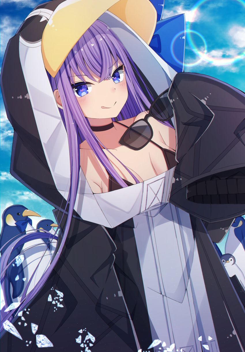 1girl :q absurdres animal animal_costume animal_hood bikini bird black_bikini black_choker blue_eyes blue_sky breasts choker closed_mouth clouds collarbone commentary_request day eyewear_removed fate/grand_order fate_(series) highres holding hood lens_flare long_hair long_sleeves looking_at_viewer meltryllis meltryllis_(swimsuit_lancer)_(fate) penguin penguin_costume purple_hair sapphire_(sapphire25252) sky sleeves_past_fingers sleeves_past_wrists small_breasts smile solo sunglasses swimsuit tongue tongue_out upper_body v-shaped_eyebrows