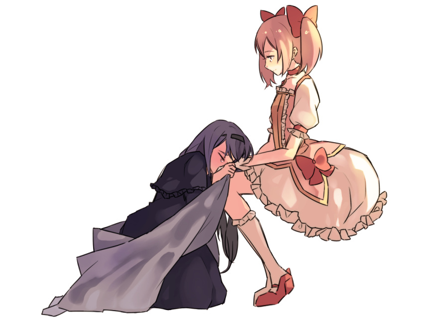 2girls akemi_homura backlighting black_dress black_hair black_hairband bubble_skirt choker closed_eyes crying dress flat_chest frilled_skirt frills full_body hair_ribbon hairband half-closed_eyes kaname_madoka kneeling long_dress long_hair looking_at_another looking_down mahou_shoujo_madoka_magica multiple_girls pc_(z_yu) pink_footwear pink_hair pink_ribbon profile puffy_short_sleeves puffy_sleeves ribbon sad short_sleeves short_twintails simple_background sitting skirt smile socks soul_gem tears twintails white_background white_legwear