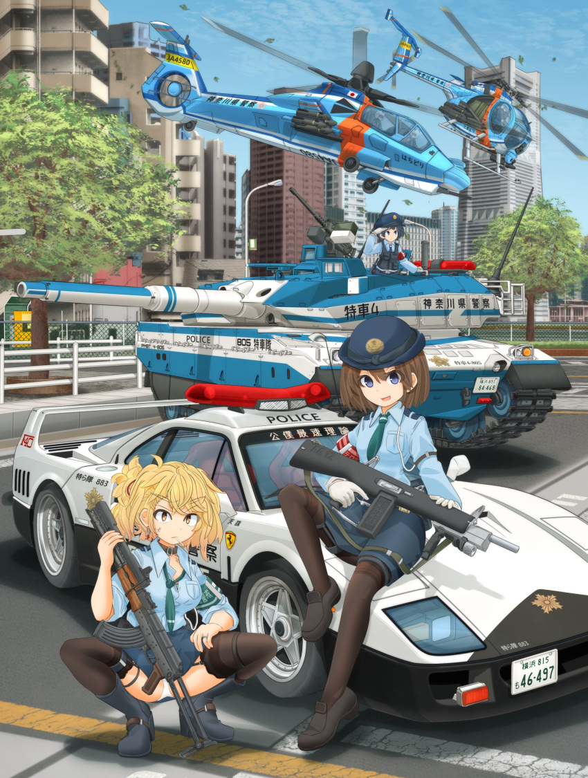 absurdres aircraft armband assault_rifle bangs blonde_hair boots brown_hair building car city cityscape clouds collar day earrings eyebrows_visible_through_hair female_service_cap flying gloves ground_vehicle gun hat helicopter highres holding holding_gun holding_weapon jewelry lamppost long_sleeves looking_at_viewer mikeran_(mikelan) military military_vehicle miniskirt motor_vehicle original outdoors panties pilot_helmet pleated_skirt police police_badge police_car police_hat police_uniform policewoman rifle road scenery shirt skirt sky skyscraper squatting street tank thigh-highs trigger_discipline underwear uniform weapon