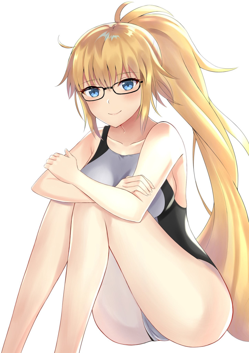 1girl black-framed_eyewear blonde_hair blue_eyes blush breasts closed_mouth collarbone competition_swimsuit crossed_arms fate/grand_order fate_(series) glasses high_ponytail highres jeanne_d'arc_(fate)_(all) jeanne_d'arc_(swimsuit_archer) long_hair looking_at_viewer medium_breasts one-piece_swimsuit sideboob simple_background sitting smile solo swimsuit very_long_hair white_background white_swimsuit yuyuenimo