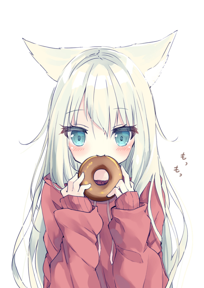 1girl animal_ear_fluff animal_ears bangs blue_eyes blush closed_mouth doughnut drawstring eating eyebrows_visible_through_hair food green_hair hair_between_eyes hamaru_(s5625t) hands_up highres holding holding_food hood hood_down hoodie long_hair long_sleeves original puffy_long_sleeves puffy_sleeves red_hoodie simple_background sleeves_past_wrists solo very_long_hair white_background