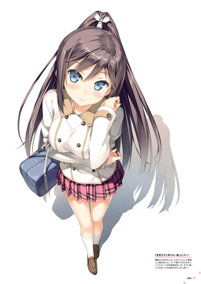 1girl bag blue_eyes blush brown_footwear brown_hair from_above full_body hair_between_eyes hair_ribbon hentai_ouji_to_warawanai_neko. highres holding holding_bag kantoku kneehighs loafers long_hair long_sleeves looking_at_viewer looking_up miniskirt pink_skirt plaid plaid_skirt pleated_skirt ponytail ribbon school_bag school_uniform shiny shiny_hair shoes simple_background skirt solo standing tsutsukakushi_tsukushi very_long_hair white_background white_coat white_legwear white_ribbon