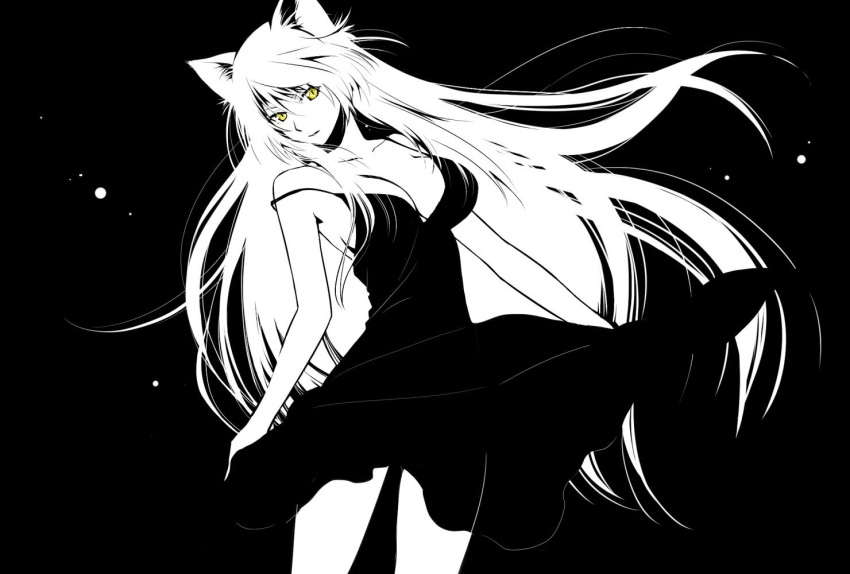 1girl animal_ears bakemonogatari black_background black_hanekawa breasts cat_ears cat_girl commentary_request cowboy_shot dress greyscale hanekawa_tsubasa large_breasts long_hair looking_at_viewer monochrome monogatari_(series) sabonasu simple_background slit_pupils solo spot_color very_long_hair yellow_eyes