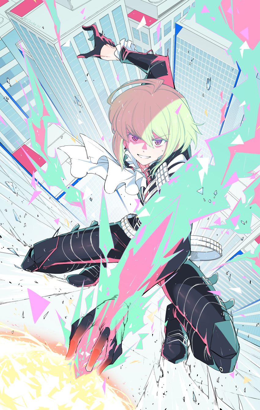 1boy absurdres belt biker_clothes black_gloves building chicke_iii city cityscape cravat crossdressinging fire frilled_shirt_collar frilled_sleeves frills gloves green_hair grin half_gloves highres lio_fotia looking_at_viewer mad_burnish male_focus multiple_belts promare smile violet_eyes